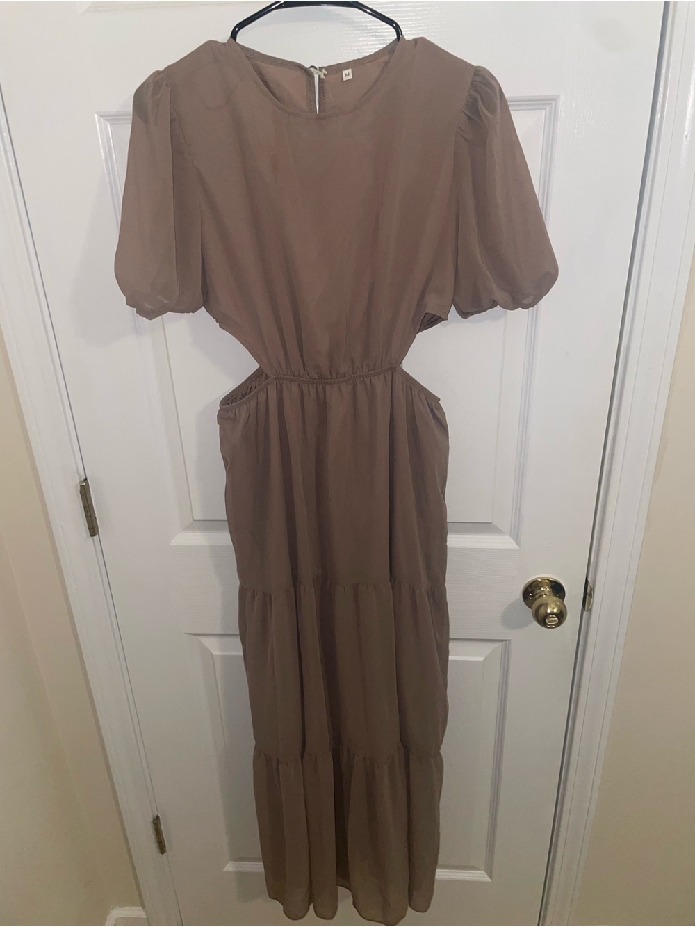 Tan Puff-Sleeve Cutout Maxi Dress